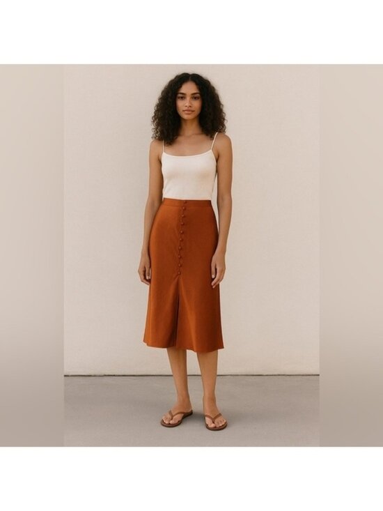 essue Dresses & Skirts - E.ssue Satiny  Orange Rust A Line Midi Skirt w Button Details & Front Slit - Med